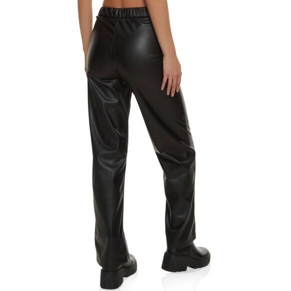 New AMBIANCE Faux Leather Solid Wide Leg Pants Black Women's - Picture 2 of 9